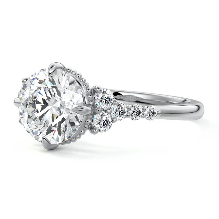 Silver Round Diamond Side Stone Engagement Ring with Cluster Accents