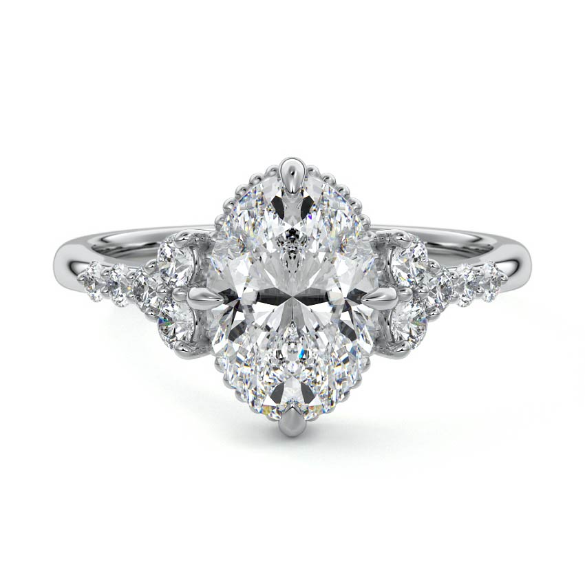 Platinum Oval Diamond Side Stone Engagement Ring with Cluster Accents