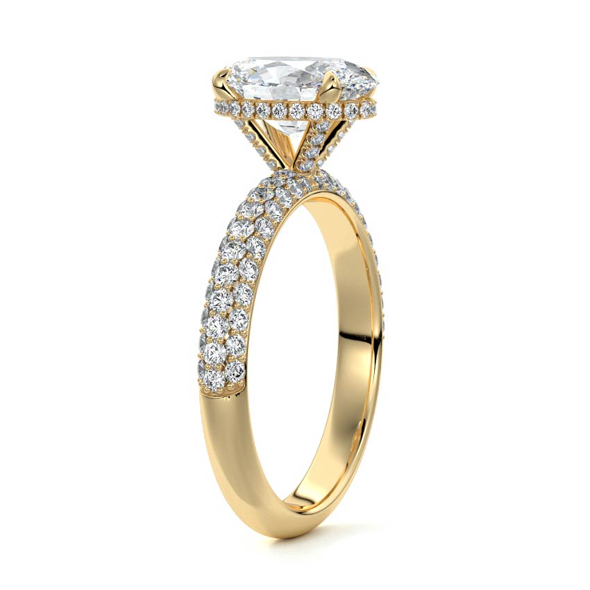 Yellow gold Oval Diamond Hidden Halo Engagement Ring with Pavé Band and Prong Setting