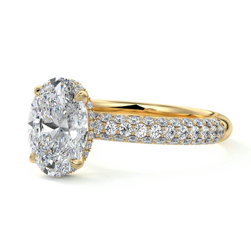 Yellow gold Oval Diamond Hidden Halo Engagement Ring with Pavé Band and Prong Setting