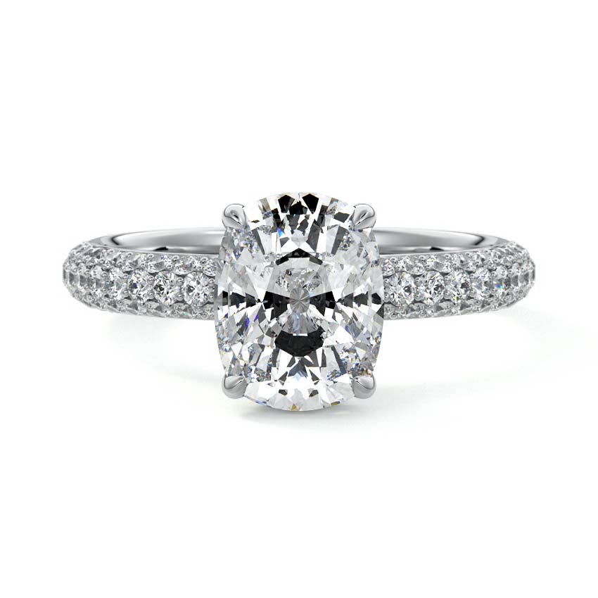 White gold Cushion Diamond Hidden Halo Engagement Ring with Pavé Band and Prong Setting