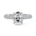 White gold Cushion Diamond Hidden Halo Engagement Ring with Pavé Band and Prong Setting