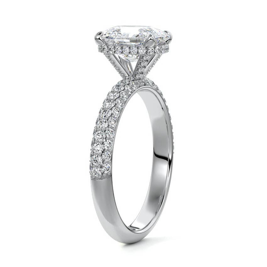 White gold Cushion Diamond Hidden Halo Engagement Ring with Pavé Band and Prong Setting