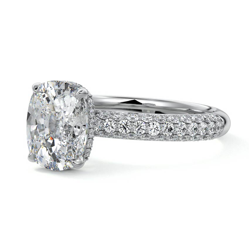 White gold Cushion Diamond Hidden Halo Engagement Ring with Pavé Band and Prong Setting