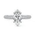 Silver Marquise Diamond Hidden Halo Engagement Ring with Pavé Band and Prong Setting