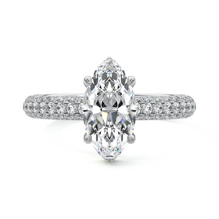 Silver Marquise Diamond Hidden Halo Engagement Ring with Pavé Band and Prong Setting