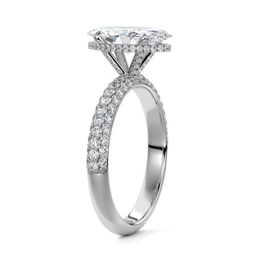 Silver Marquise Diamond Hidden Halo Engagement Ring with Pavé Band and Prong Setting