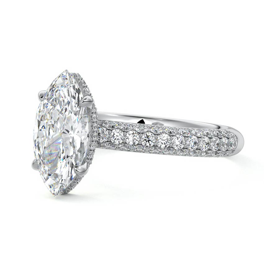 Silver Marquise Diamond Hidden Halo Engagement Ring with Pavé Band and Prong Setting