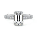 Silver Emerald Diamond Hidden Halo Engagement Ring with Pavé Band and Prong Setting