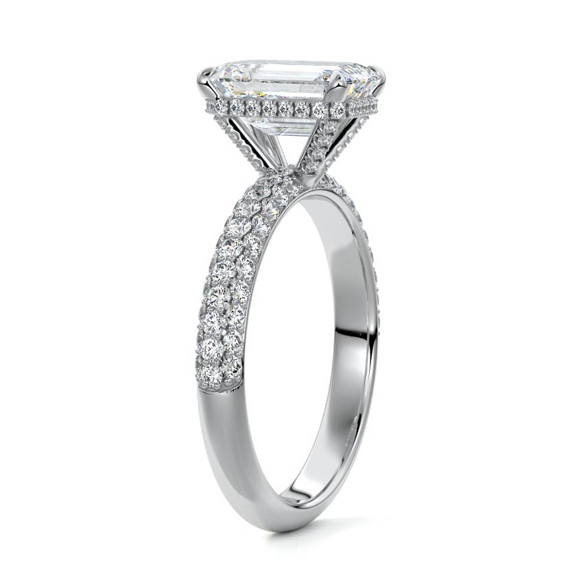 Silver Emerald Diamond Hidden Halo Engagement Ring with Pavé Band and Prong Setting
