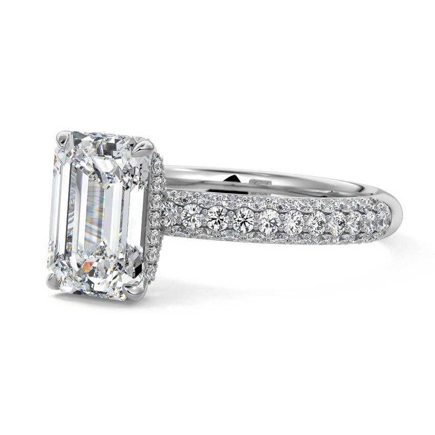 Silver Emerald Diamond Hidden Halo Engagement Ring with Pavé Band and Prong Setting