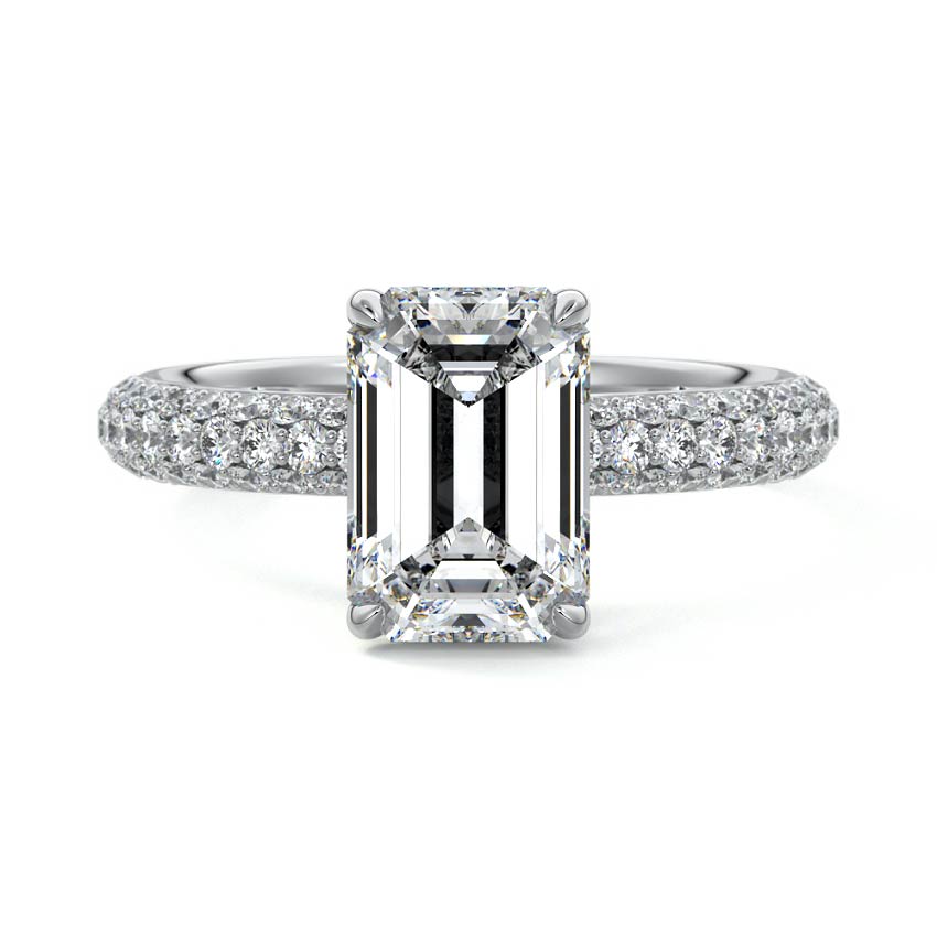 Silver Emerald Diamond Hidden Halo Engagement Ring with Pavé Band and Prong Setting