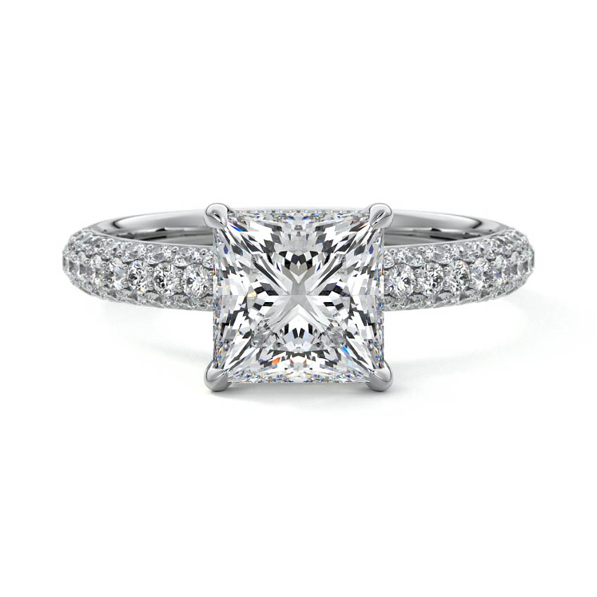 Silver Princess Diamond Hidden Halo Engagement Ring with Pavé Band and Prong Setting