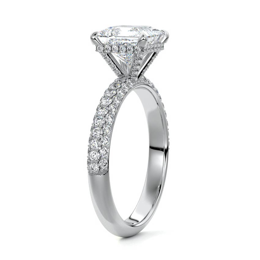 Silver Princess Diamond Hidden Halo Engagement Ring with Pavé Band and Prong Setting