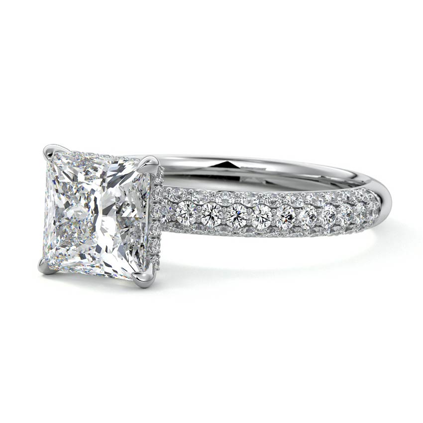 Silver Princess Diamond Hidden Halo Engagement Ring with Pavé Band and Prong Setting