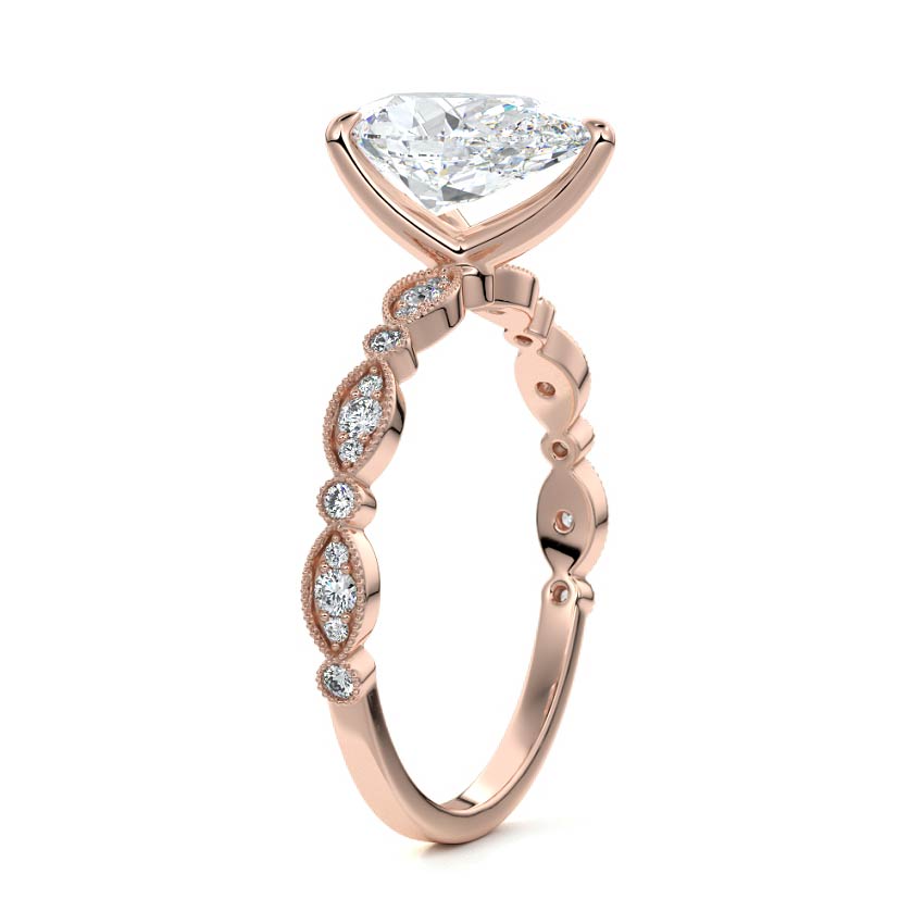 Rose gold Pear Diamond Side Stone Engagement Ring with Milgrain Marquise and Round Accents