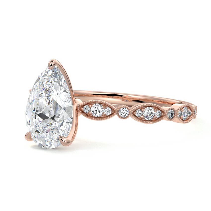 Rose gold Pear Diamond Side Stone Engagement Ring with Milgrain Marquise and Round Accents