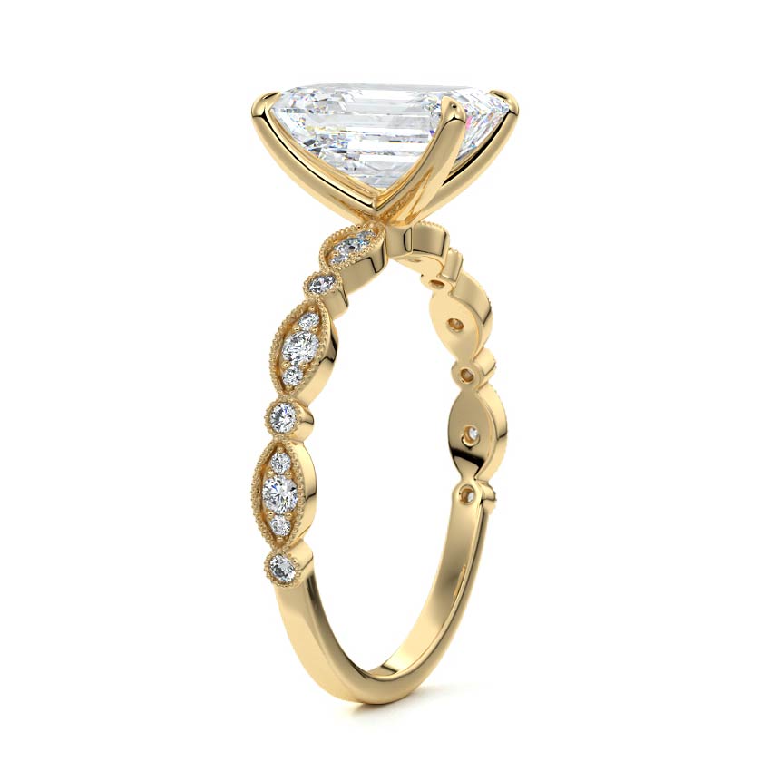 Yellow gold Emerald Diamond Side Stone Engagement Ring with Milgrain Marquise and Round Accents