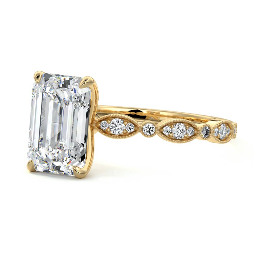Yellow gold Emerald Diamond Side Stone Engagement Ring with Milgrain Marquise and Round Accents