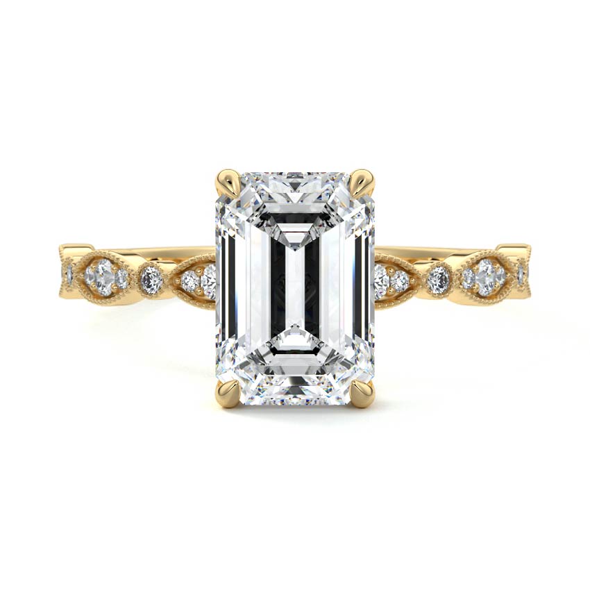 Yellow gold Emerald Diamond Side Stone Engagement Ring with Milgrain Marquise and Round Accents