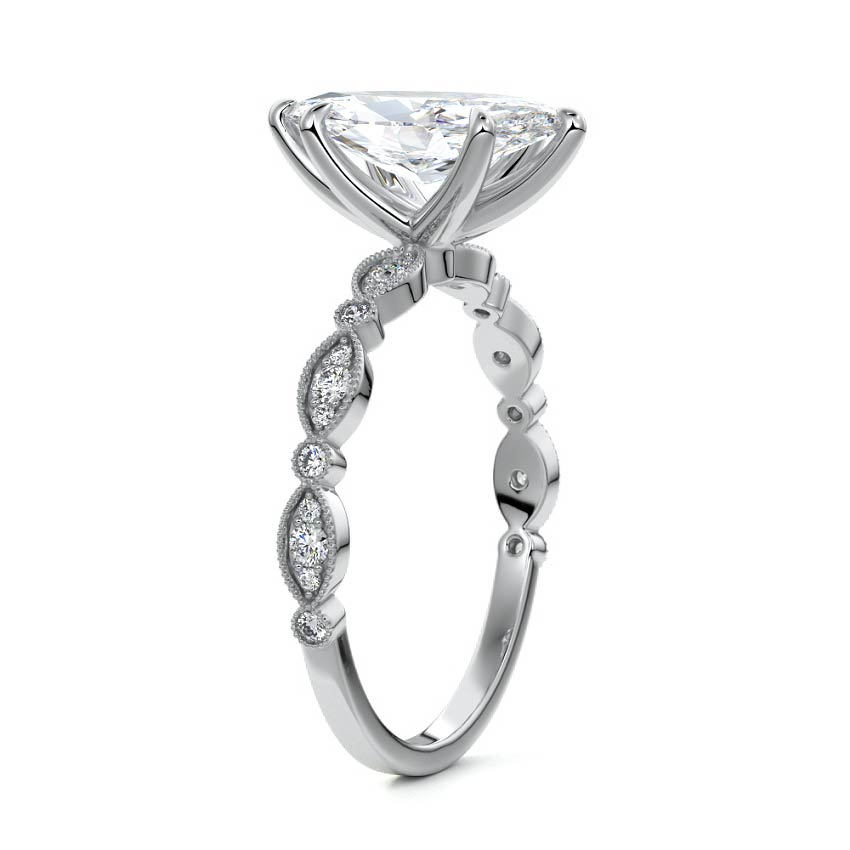 Silver Marquise Diamond Side Stone Engagement Ring with Milgrain Marquise and Round Accents