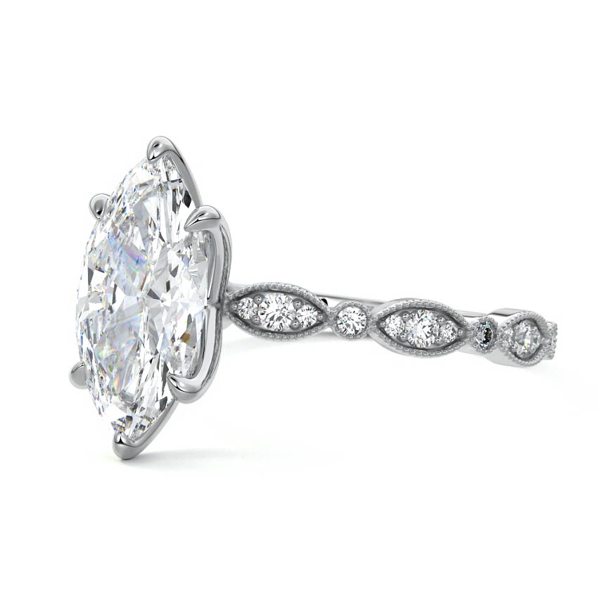 Silver Marquise Diamond Side Stone Engagement Ring with Milgrain Marquise and Round Accents