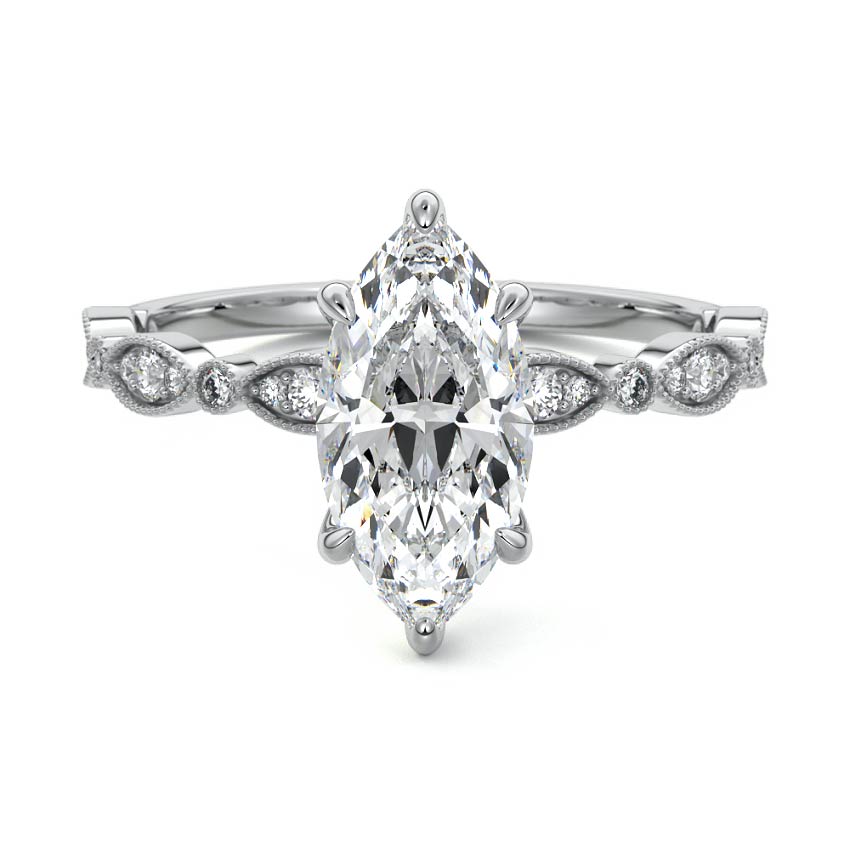 Silver Marquise Diamond Side Stone Engagement Ring with Milgrain Marquise and Round Accents