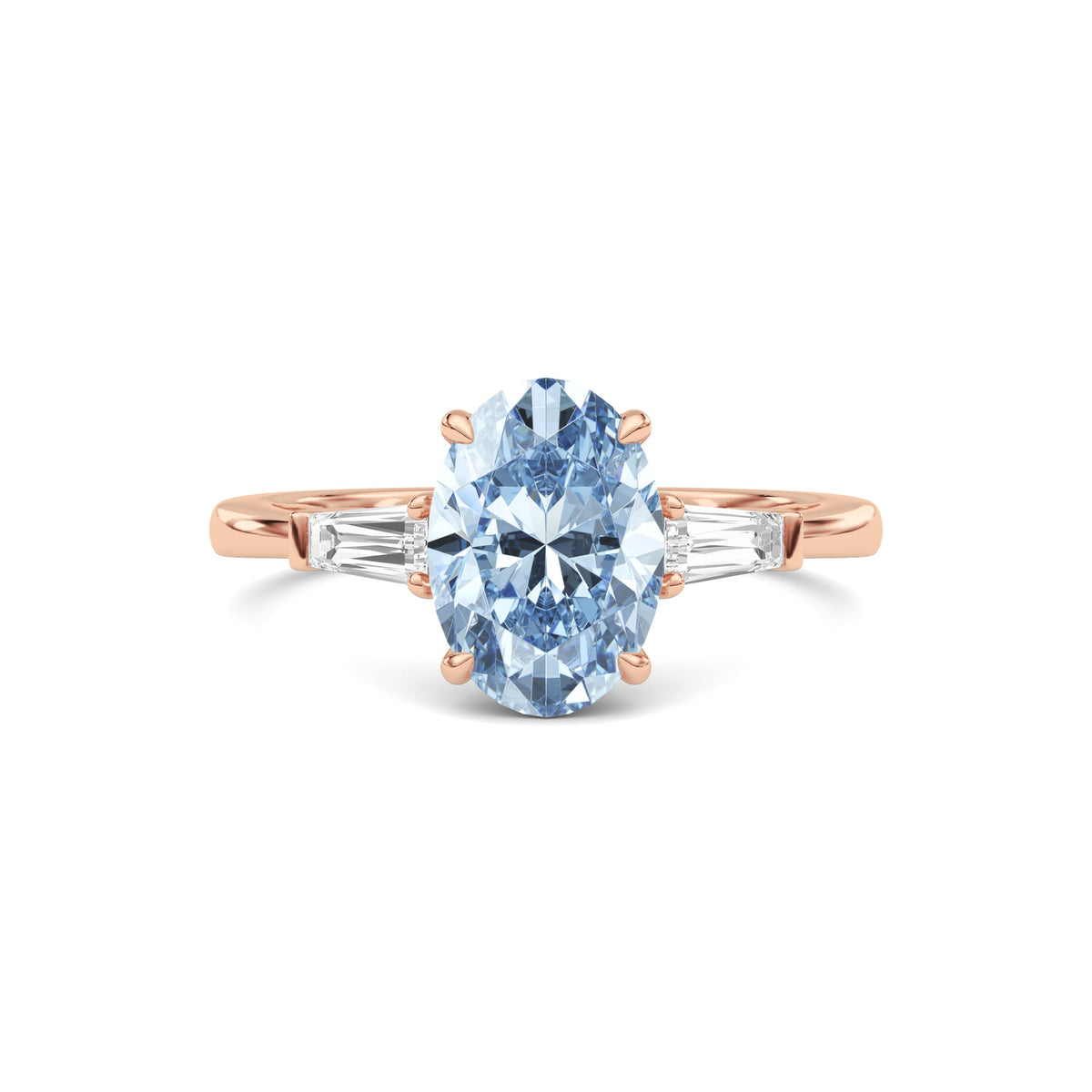 Rose gold Three-Stone Fancy Blue Oval Cut Diamond Ring with Tapered Baguette Side Stones