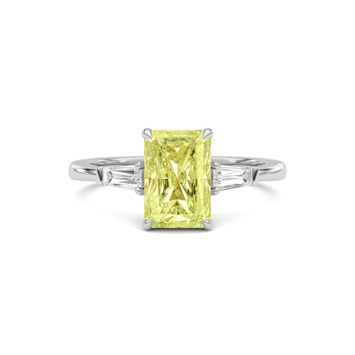 Yellow gold Three-Stone Fancy Yellow Radiant Cut Diamond Ring with Tapered Baguette Side Stones