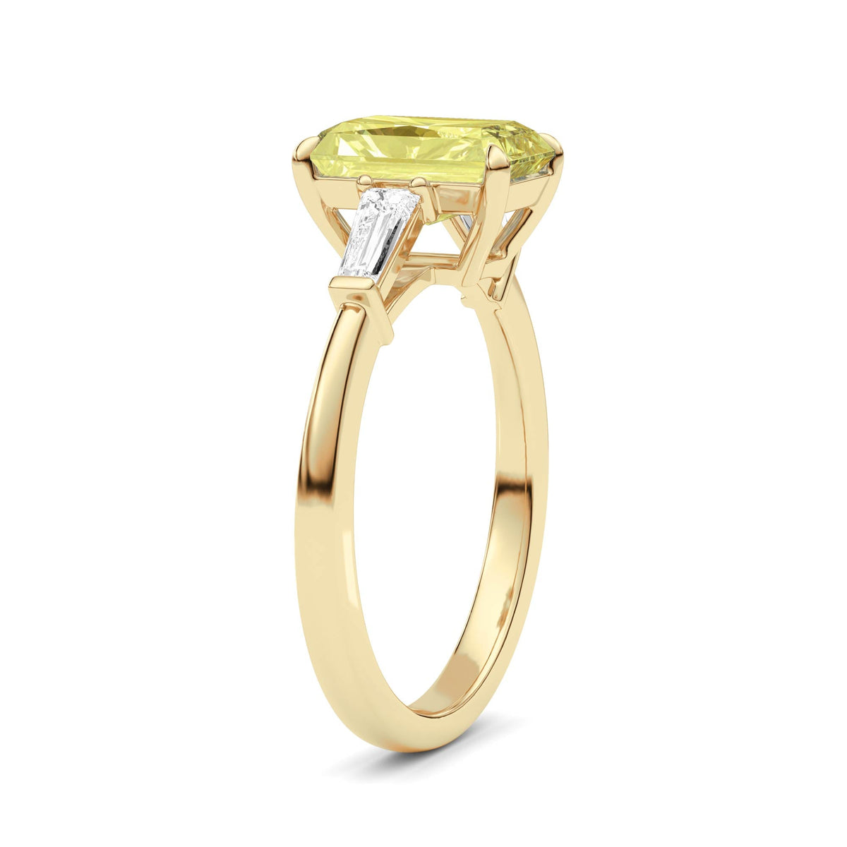 Yellow gold Three-Stone Fancy Yellow Radiant Cut Diamond Ring with Tapered Baguette Side Stones