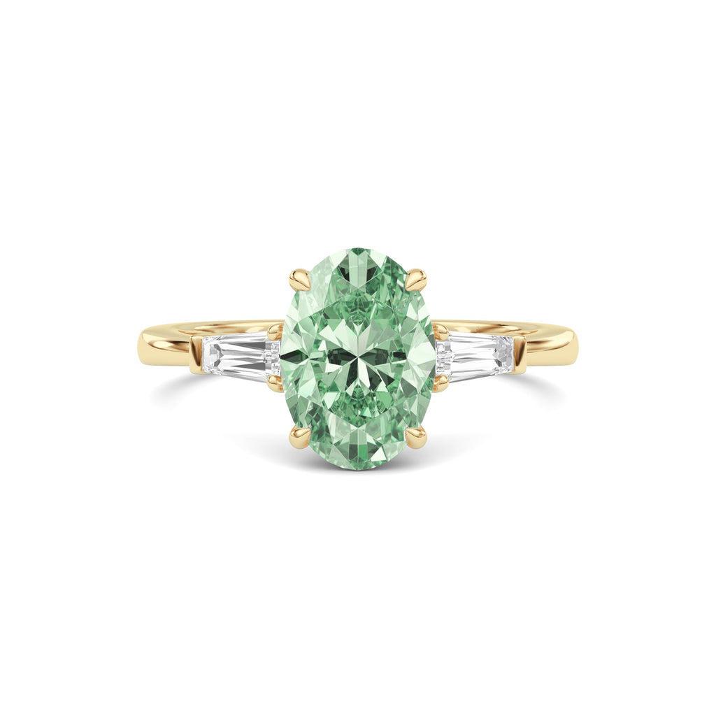 Yellow gold Three-Stone Fancy Green Oval Cut Diamond Ring with Tapered Baguette Side Stones