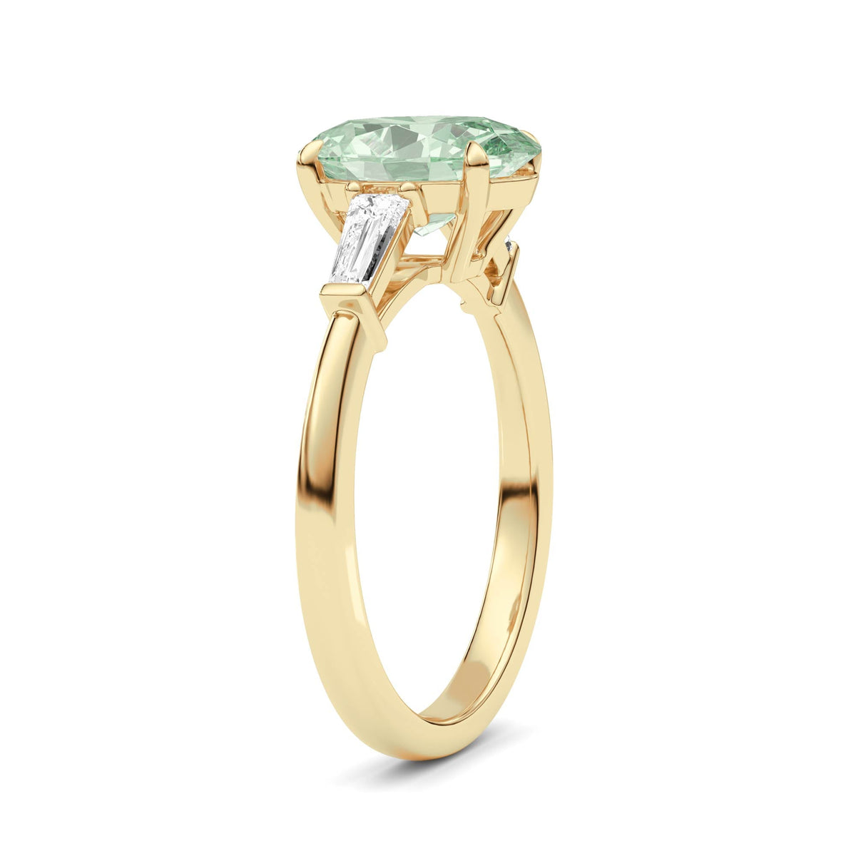 Yellow gold Three-Stone Fancy Green Oval Cut Diamond Ring with Tapered Baguette Side Stones