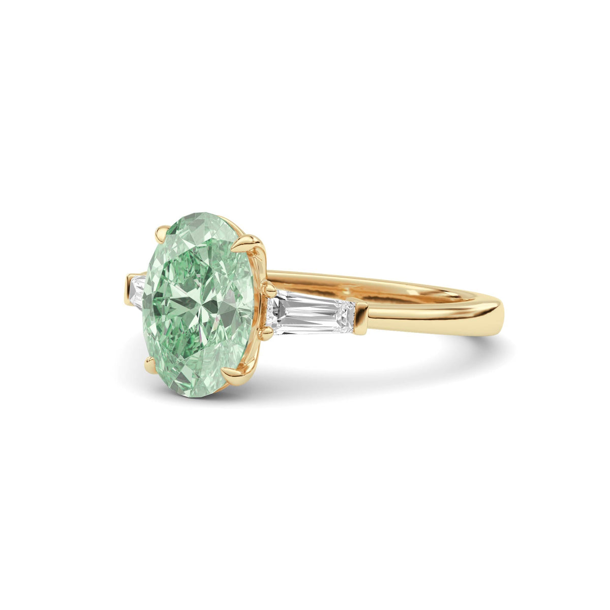 Yellow gold Three-Stone Fancy Green Oval Cut Diamond Ring with Tapered Baguette Side Stones