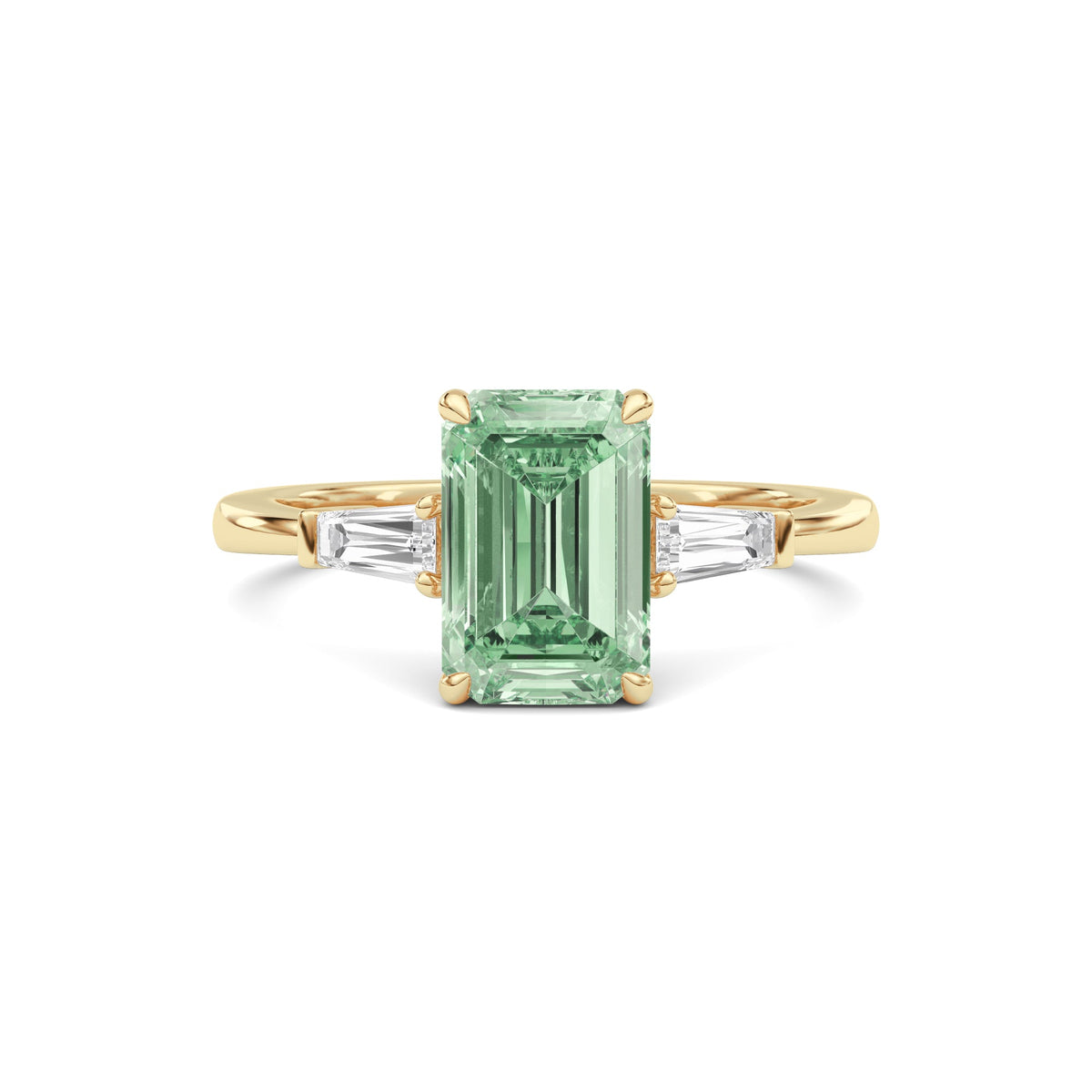 Yellow gold Three-Stone Fancy Green Emerald Cut Diamond Ring with Tapered Baguette Side Stones