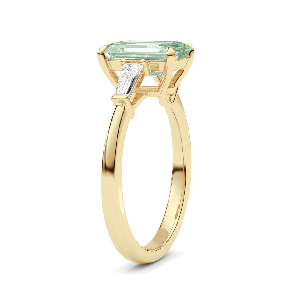 Yellow gold Three-Stone Fancy Green Emerald Cut Diamond Ring with Tapered Baguette Side Stones