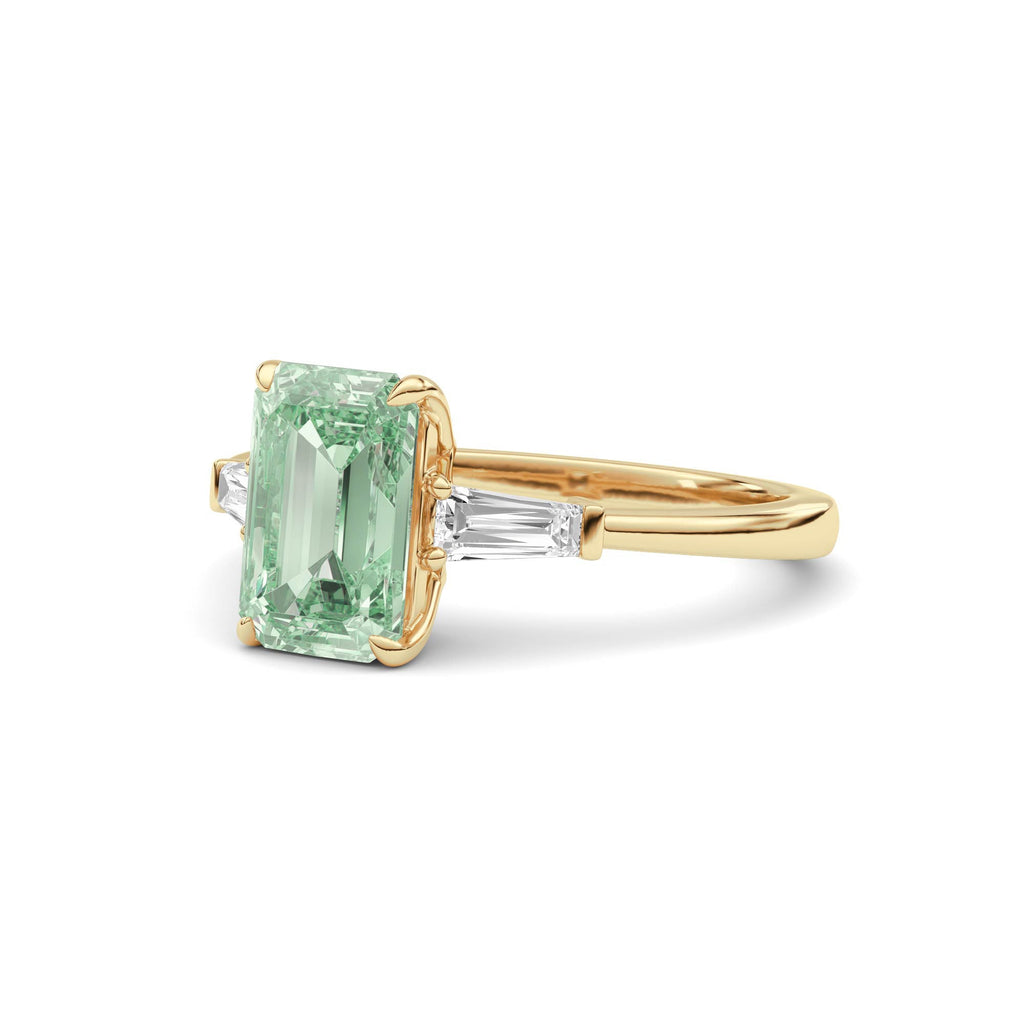 Yellow gold Three-Stone Fancy Green Emerald Cut Diamond Ring with Tapered Baguette Side Stones
