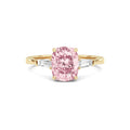 Yellow gold Three-Stone Fancy Pink Cushion Cut Diamond Ring with Tapered Baguette Side Stones
