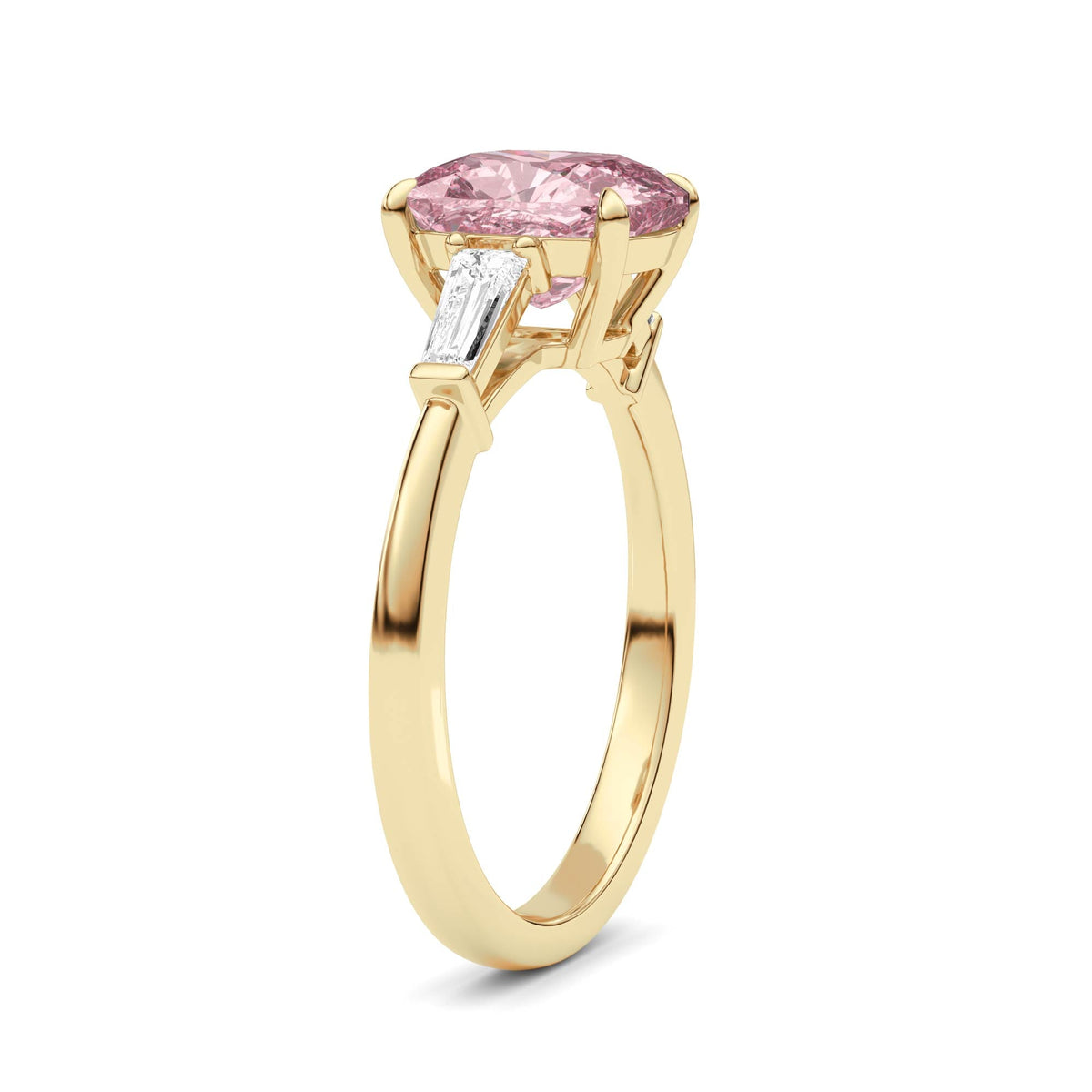 Yellow gold Three-Stone Fancy Pink Cushion Cut Diamond Ring with Tapered Baguette Side Stones