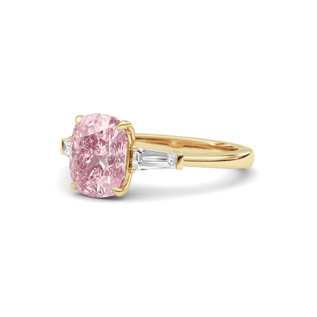 Yellow gold Three-Stone Fancy Pink Cushion Cut Diamond Ring with Tapered Baguette Side Stones