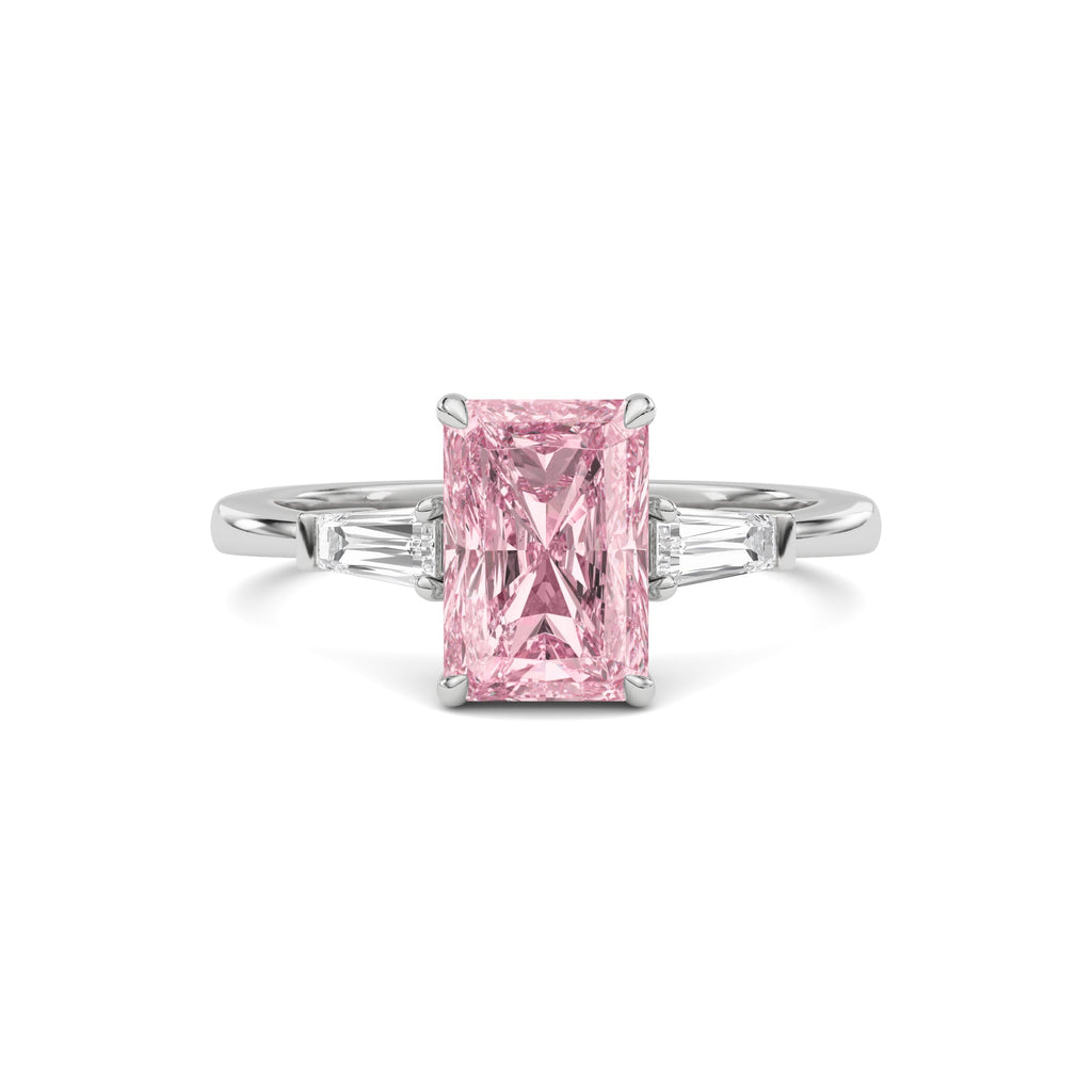 White gold Three-Stone Fancy Pink Radiant Cut Diamond Ring with Tapered Baguette Side Stones