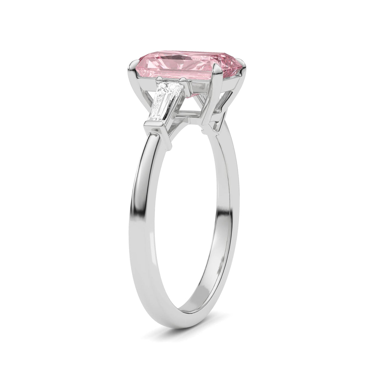 White gold Three-Stone Fancy Pink Radiant Cut Diamond Ring with Tapered Baguette Side Stones