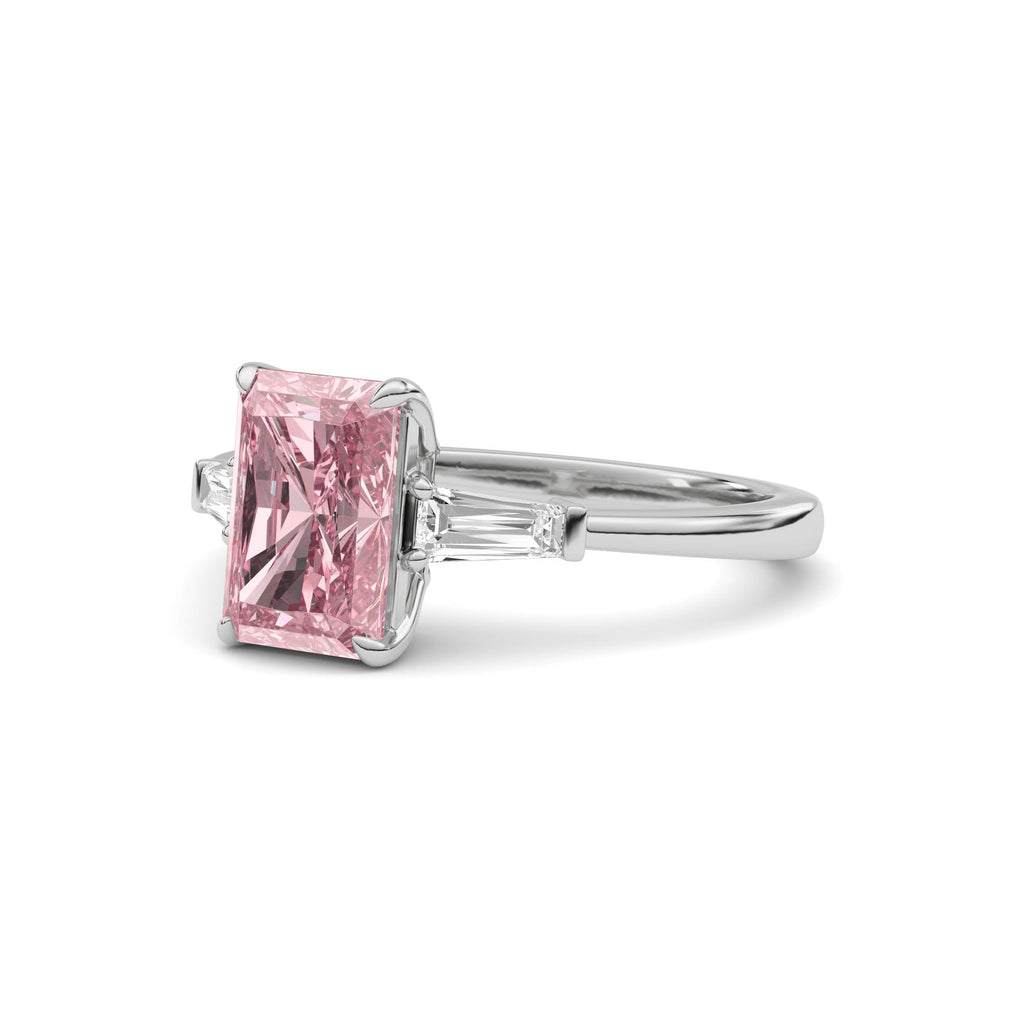 White gold Three-Stone Fancy Pink Radiant Cut Diamond Ring with Tapered Baguette Side Stones