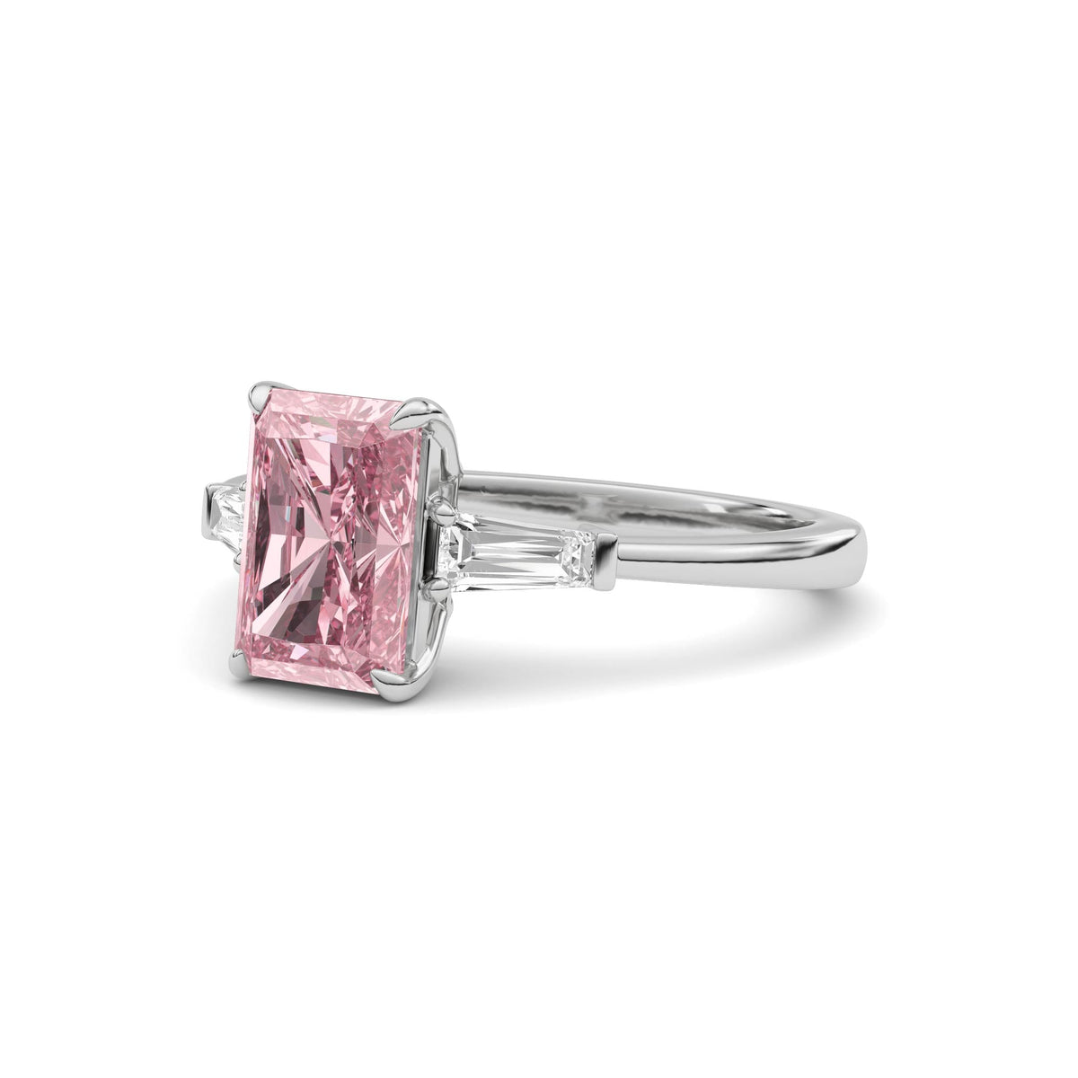 White gold Three-Stone Fancy Pink Radiant Cut Diamond Ring with Tapered Baguette Side Stones