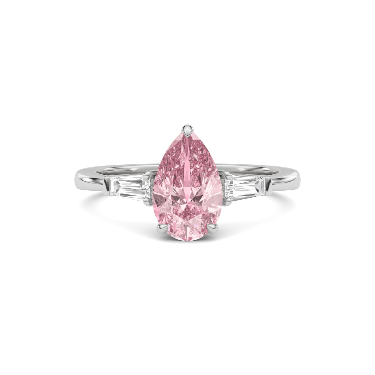 White gold Three-Stone Fancy Pink Pear Cut Diamond Ring with Tapered Baguette Side Stones