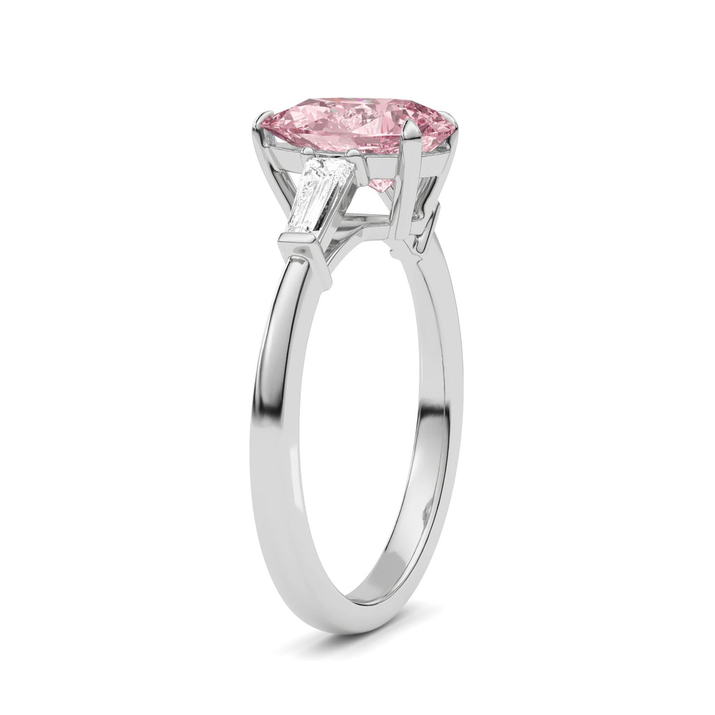 White gold Three-Stone Fancy Pink Pear Cut Diamond Ring with Tapered Baguette Side Stones
