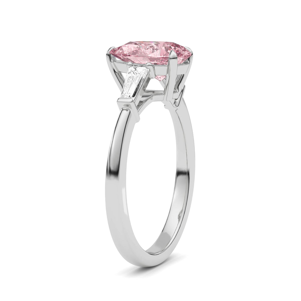White gold Three-Stone Fancy Pink Pear Cut Diamond Ring with Tapered Baguette Side Stones