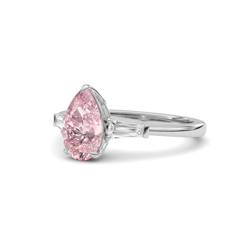 White gold Three-Stone Fancy Pink Pear Cut Diamond Ring with Tapered Baguette Side Stones