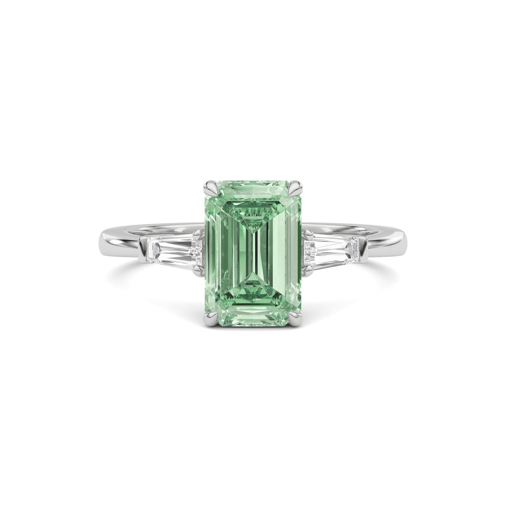 White gold Three-Stone Fancy Green Emerald Cut Diamond Ring with Tapered Baguette Side Stones
