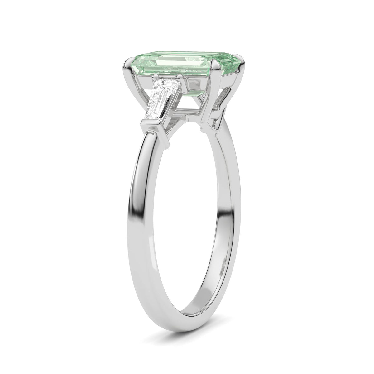 White gold Three-Stone Fancy Green Emerald Cut Diamond Ring with Tapered Baguette Side Stones