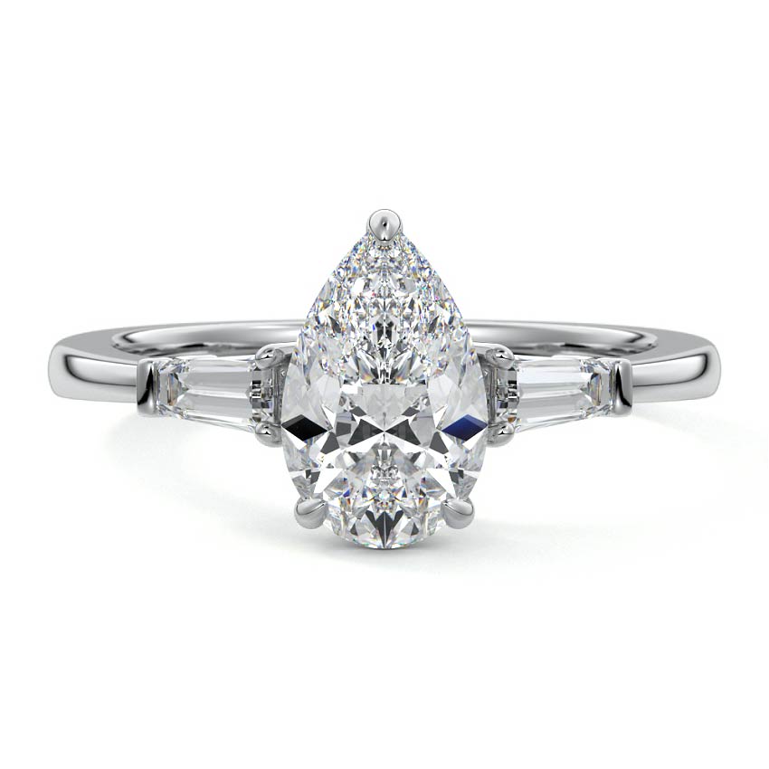 Silver Three-Stone Pear Diamond Ring with Tapered Baguette Side Stones
